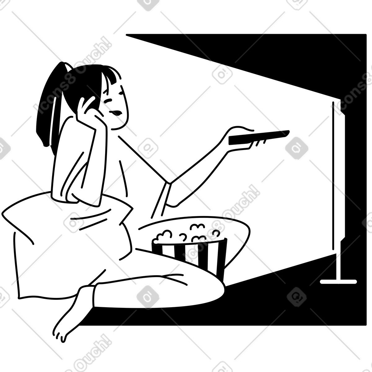 Popcorn vor dem fernseher genießen, ein gemütlicher abend zu hause-Illustration im Weekday-Stil als Download in PNG, SVG