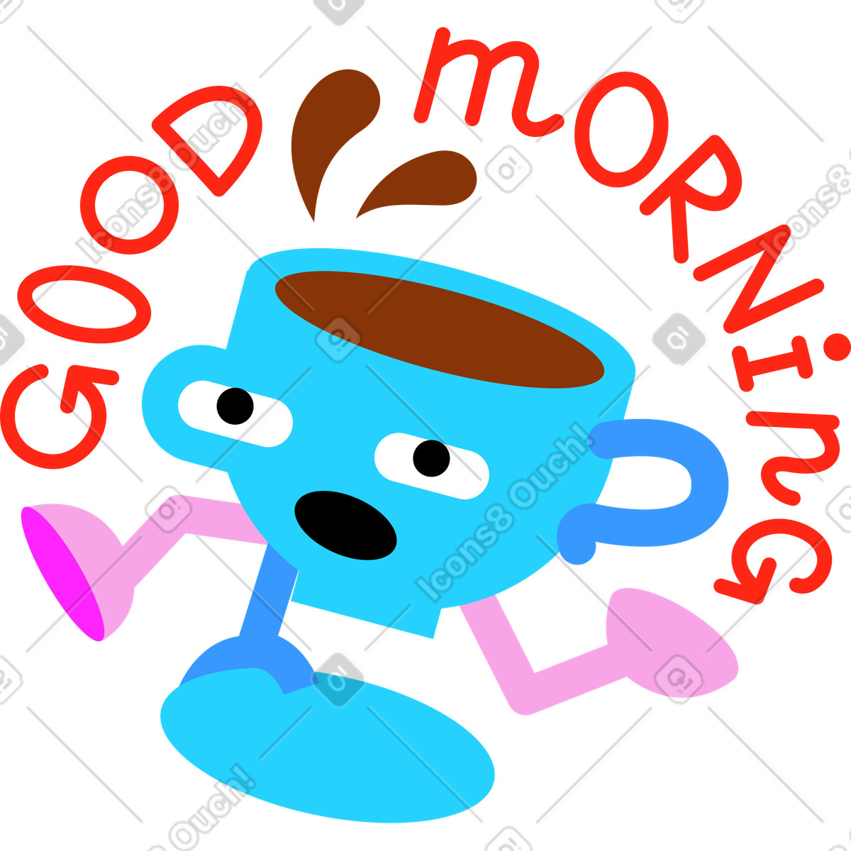 Schriftzug aufkleber guten morgen laufen tasse kaffee-Illustration im Lettering-Stil als Download in PNG, SVG