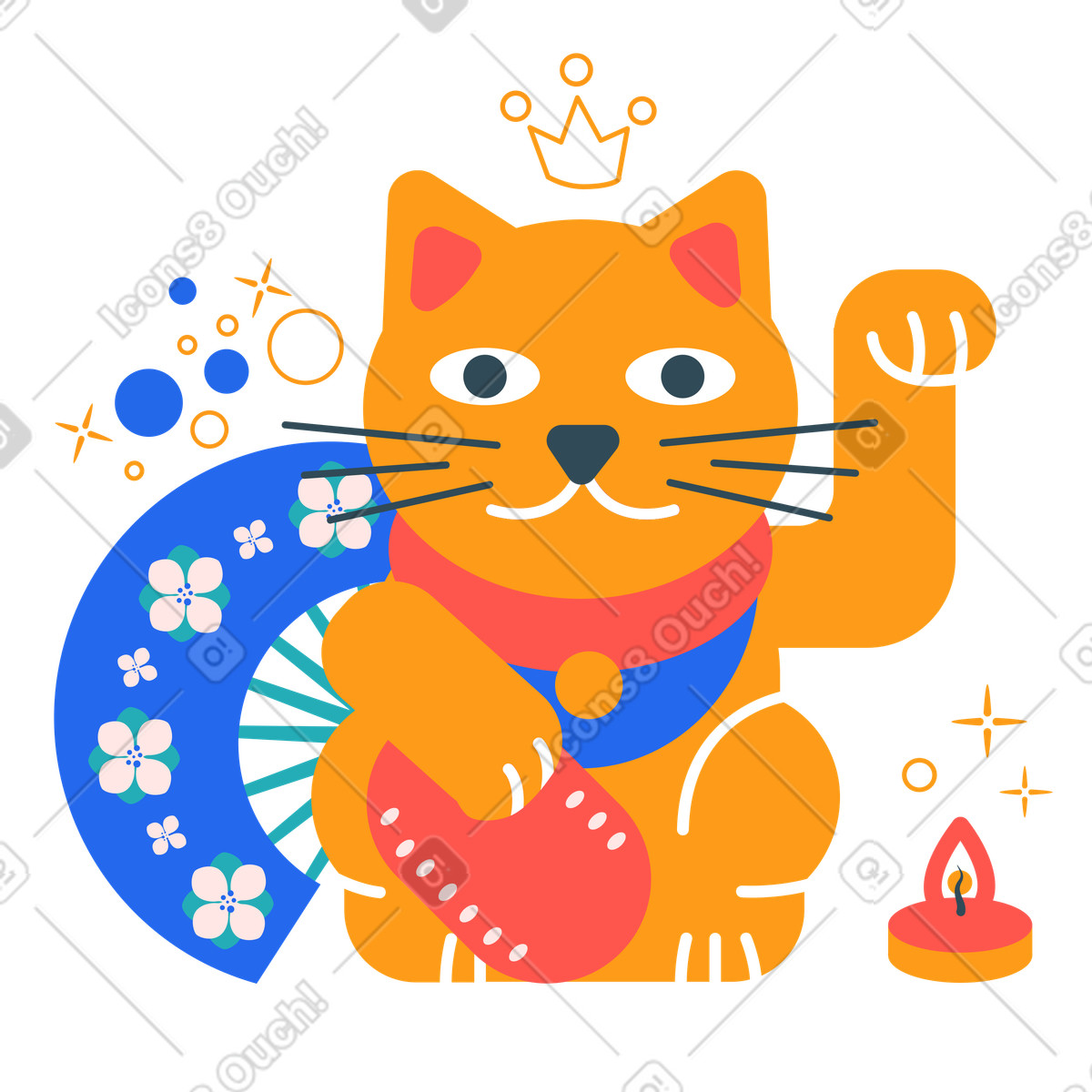 Kingdom スタイルの Japanese beckoning cat or maneki neko with raised paw and fan, Good luck fortune concept のイラストをPNG、SVG形式でダウンロード