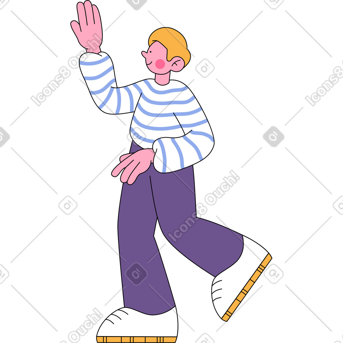 Illustration Boy in striped sweatshirt walking and giving five dans le style Bloom à télécharger aux formats PNG, SVG