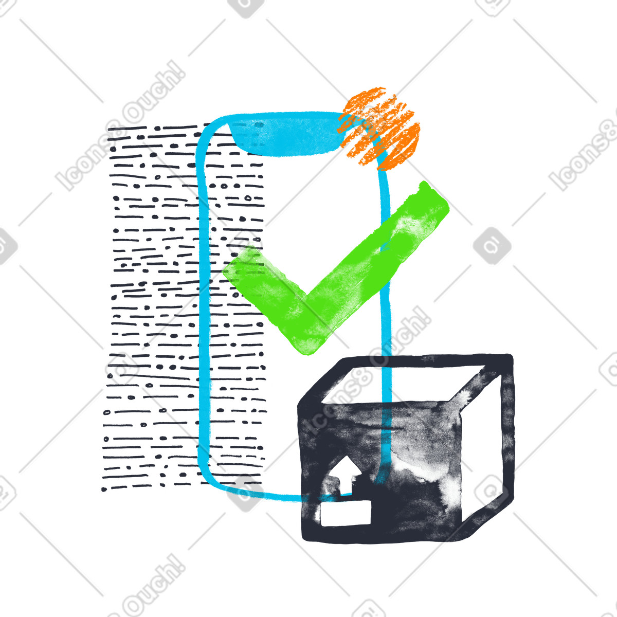 Ilustração de Phone with green checkmark and parcel box em no estilo Inky para baixar em PNG, SVG