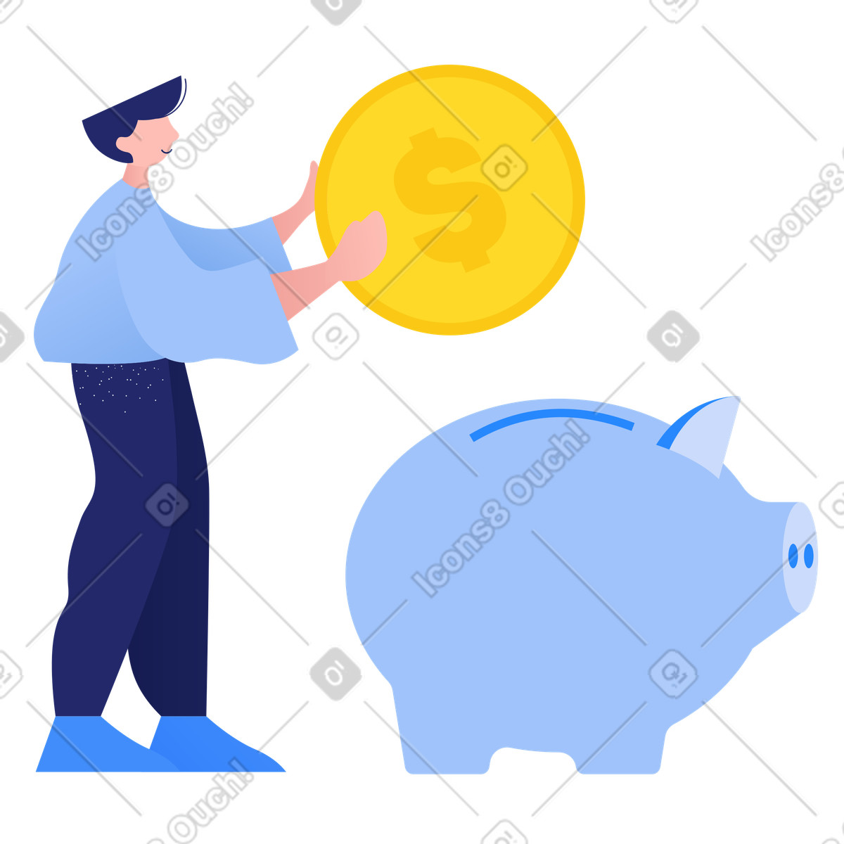 Mann spart dollar im sparschwein-Illustration Clip-Stil als Download in PNG, SVG