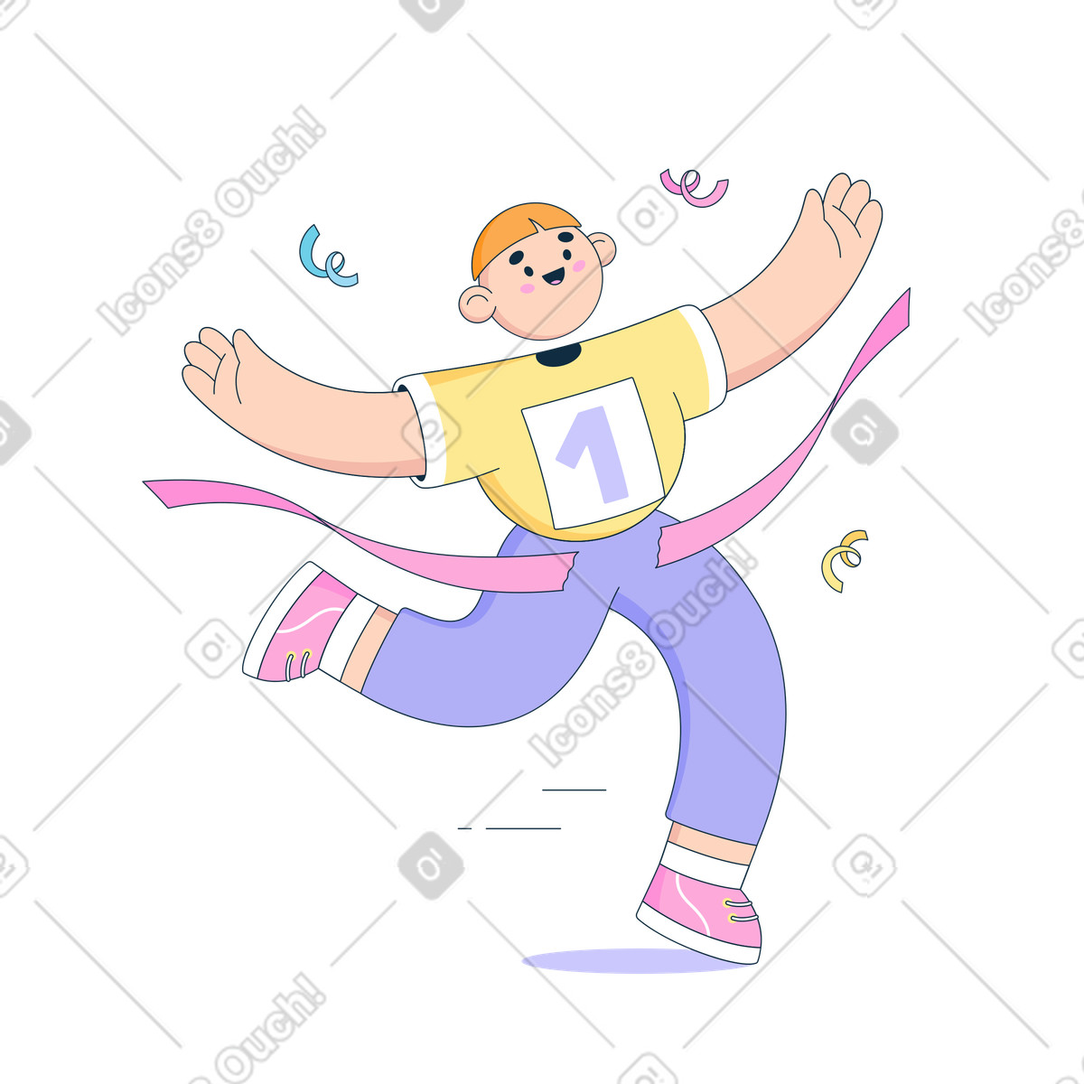Bubble gum スタイルの 無事にゴールラインを越えた男性 のアニメーションイラストをGIF、Lottie (JSON)、AEでダウンロード