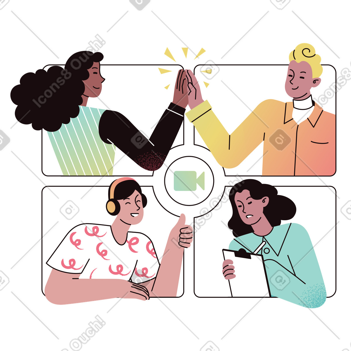 Virtual conference with colleagues celebrating success, Remote work communication illustration in Delight style download in PNG, SVG