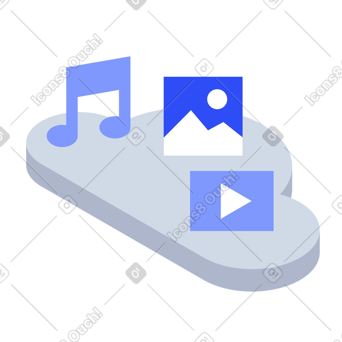 Multimedia icons on digital cloud, online file management and backup illustration in System style download in PNG, SVG