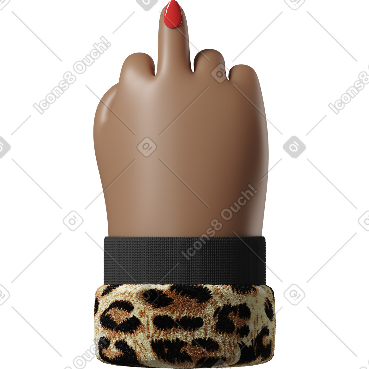 Ilustración Mano de piel marrón oscura con una uña pintada rojo en chaqueta leopardo que muestra el dedo medio estilo 3D Hands Fun&Wild a descargar PNG y SVG