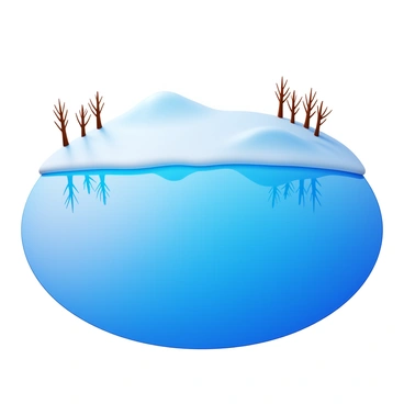 A lake partially covered in ice, with clear sections showing the water beneath the surface. The ice has a glossy texture, reflecting the surrounding landscape. The water below has a deep blue color, contrasting with the white and translucent ice above. Small ripples are visible on the surface of the water, indicating a gentle breeze. The shore is lined with bare trees, their branches casting shadows on the ice.