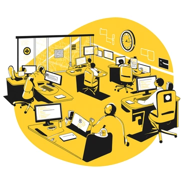 A busy room filled with multiple dispatch stations, each equipped with large screens displaying maps and emergency data. Operators are seated at their desks, wearing headsets and intently focused on their computer monitors. Some operators are typing rapidly while others are conversing on the phone. The atmosphere is alive with the sounds of ringing phones and radio chatter. Various emergency service logos are visible on the walls, and a large digital clock shows the time in bright numbers.