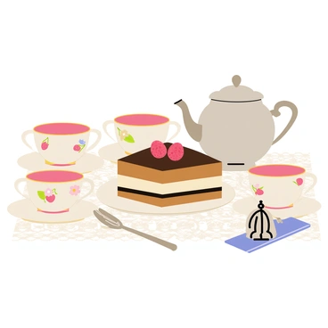 A classic torte placed on a delicate white porcelain plate with intricate floral patterns. The torte is layered with rich chocolate and cream, adorned with fresh raspberries on top. Surrounding the plate are elegant fine china teacups with matching saucers, featuring pastel colors and gold trim. A polished silver teapot sits nearby, steaming gently, with a decorative tea strainer resting on a small tea towel. The scene is set on a lace tablecloth, enhancing the sophistication of the afternoon tea setting.