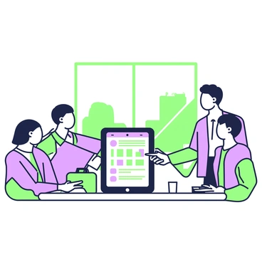 A digital tablet is placed on a conference table during a legal meeting. The tablet displays a detailed medical chart with various sections and graphs. Surrounding the tablet, there are three individuals engaged in discussion, dressed in business attire. One person points to the chart on the tablet while another takes notes on a notepad. A briefcase is also visible on the table, along with a glass of water. The meeting room has a large window, allowing natural light to illuminate the scene.