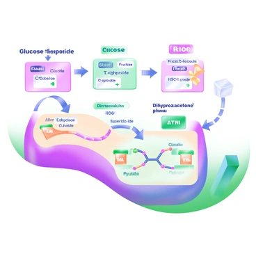 A modern pastel illustration depicting the step-by-step reactions of glycolysis arranged in a clear sequence. Each step is represented within a separate box with arrows connecting them. The first box shows "Glucose" being transformed into "Glucose-6-phosphate" with an added enzyme icon. The second box illustrates "Fructose-6-phosphate" converting to "Fructose-1,6-bisphosphate," with a representation of ATP. The third box depicts the cleavage into two molecules labeled "Glyceraldehyde-3-phosphate" and "Dihydroxyacetone phosphate." Subsequent boxes show the transformations of these molecules through to "Pyruvate," with corresponding enzymes and energy icons, such as NADH and ATP, prominently featured alongside each reaction. The entire layout is colorful and organized, enhancing the educational aspect of glycolysis.