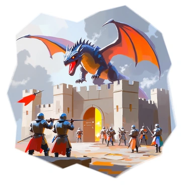 A fearsome dragon with dark, iridescent scales and glowing amber eyes is hovering above a medieval castle. The castle features tall stone walls, turrets, and a large wooden gate, which is partially ajar. Brave defenders clad in shining armor are positioned on the walls, brandishing swords and bows, ready to confront the threat. Some defenders are shouting commands while others are aiming their weapons at the dragon. Smoke and flames are billowing from the dragon’s mouth as it prepares to launch an attack. The sky is filled with dark clouds, heightening the intensity of the scene.
