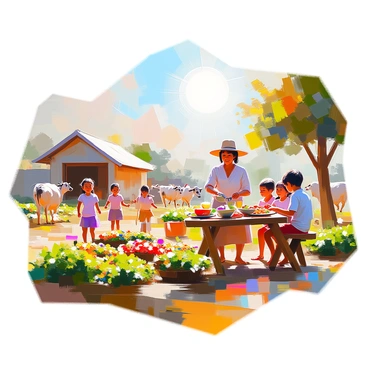 A vibrant village scene depicting daily life among villagers. In the foreground, a family of four is gathered around a wooden table, sharing a meal of freshly prepared food. Nearby, a garden bursts with colorful flowers and rows of vegetables, tended to by a woman in a sun hat, gently watering the plants. A group of children plays joyfully on the grass, laughing as they chase each other. In the background, a few cows and chickens roam freely in a small livestock area, providing a sense of harmony between the villagers and their animals. The sun is shining brightly, casting warm light over the entire scene, highlighting the lively and communal atmosphere of village life.