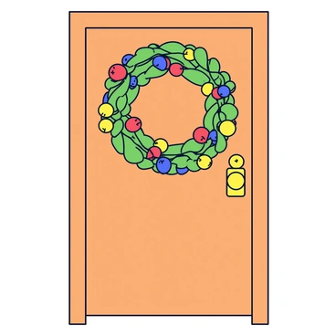 A decorative wreath made from intertwined green vines. The vines are adorned with an array of colorful berries in shades of red, blue, and yellow. The wreath is positioned prominently on a wooden door with a smooth surface. The door has a classic design with a rectangular shape and a brass doorknob.