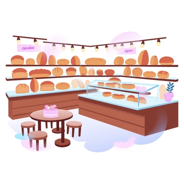 A cozy bakery shop with shelves full of freshly baked bread loaves