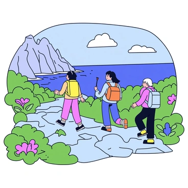 A group of hikers is walking along a rocky trail in the Mallorca mountains. The hikers are wearing backpacks and outdoor clothing, with one carrying a walking stick. The trail winds through lush green vegetation, with patches of colorful wildflowers. In the background, there are tall, rugged mountain peaks. The scene features sweeping views of the blue sea in the distance, with waves gently lapping against the rocky shoreline. The sky is clear with a few fluffy white clouds.
