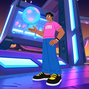 A character resembling "Sukuna" is depicted in a futuristic sci-fi setting. He stands confidently beside an array of advanced technology, featuring sleek holographic displays and intricate machinery. His expression is one of curiosity as he examines a floating, glowing orb that projects digital data. The background showcases towering, metallic structures with neon lights, casting vibrant colors across the scene. Metallic surfaces reflect the ambient light, creating a dynamic atmosphere filled with a sense of innovation and exploration.
