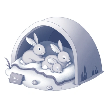 A family of rabbits resting inside their burrow. The burrow has rounded walls that create a cozy, snug space. The rabbits are depicted in various positions, some huddled together while others are stretching or grooming. Surrounding them are soft, textured elements resembling bedding made from grass and leaves. Small details such as a carved wooden sign with “Home” and tiny natural decorations like pebbles or twigs add to the warmth of the setting. The atmosphere suggests a sense of comfort and togetherness.