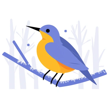 A kingfisher with vibrant blue and orange plumage sits perched on a thick, snow-dusted branch. The branch is covered with a delicate layer of glistening snowflakes, contrasting against the bird's bright colors. The kingfisher's sharp beak is pointed forward, while its keen eyes scan the surroundings for movement. A few snowflakes gently fall around the bird, adding to the chilly winter ambiance. The background is filled with blurred silhouettes of bare trees, enhancing the focus on the kingfisher.