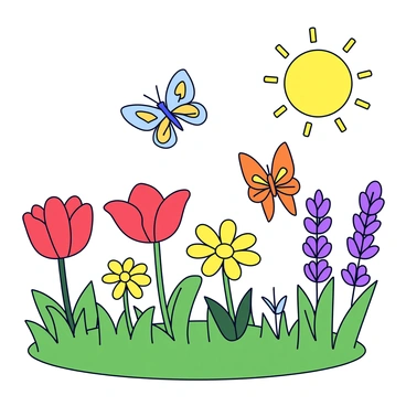 A sunny garden filled with various flowers in vibrant colors. There are red tulips, yellow daisies, and purple lavender, each standing tall among the green grass. Butterflies with delicate wings flutter around the flowers, showcasing shades of orange, blue, and yellow. The sun casts a warm glow over the scene, enhancing the colors of the flowers and the bright wings of the butterflies.