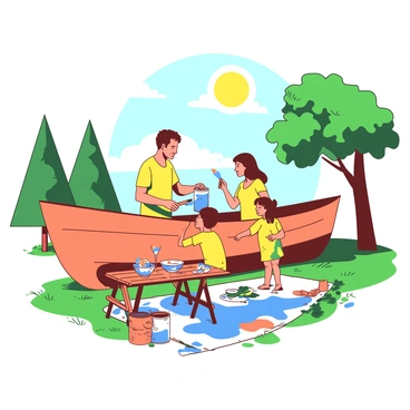 A yellow family is painting an orange boat in a sunny backyard setting. The family consists of a father, a mother, and two children, all wearing colorful clothes. The father is applying blue paint to one side of the boat with a paintbrush, while the mother is holding a paint can. One child is carefully painting the front of the boat, and the other child is playfully splashing some paint onto the grass. In the background, there are green trees providing shade, and a picnic table is set nearby with refreshments. The sun is shining brightly, creating a cheerful atmosphere.