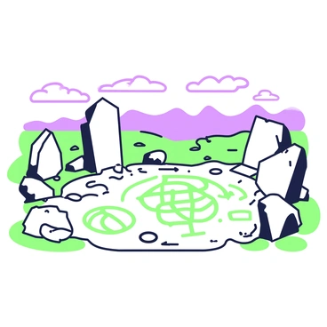 A wide view of an ancient, mystical site featuring symbols etched into the ground. The ground is uneven and rocky, with intricate symbols arranged in various patterns. Some symbols are circular, while others are angular, capturing a sense of mystery and history. Surrounding the site, there are large, weathered stones, towering over the ground markings. The sky above is partly cloudy, creating a dramatic atmosphere. In the distance, a range of mountains can be seen, adding depth to the scene.