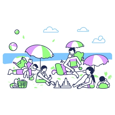 A beach scene features families enjoying a sunny day by the shore. In the foreground, several groups of people are sitting on the sand, with children building sandcastles and playing with beach toys. Colorful umbrellas are scattered across the sand, providing shade for families. In the background, the ocean waves gently roll onto the beach, and a few seagulls can be seen flying above. Toward the left, a beach ball is bouncing, while a picnic basket is set up near one of the umbrellas.