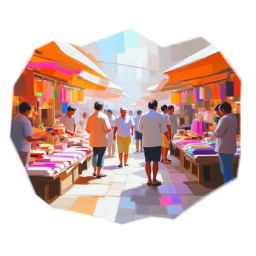 A bustling market scene filled with vendors and buyers actively engaging in commerce. Colorful stalls line the pathways, displaying various goods, including vibrant fabrics and handmade crafts. Among the offerings are several "spinning jennies" prominently displayed, drawing the attention of curious onlookers. Shoppers of diverse appearances and ages are browsing and discussing the items, while some are haggling over prices. The atmosphere is lively, with people moving about, creating a sense of energy and excitement in the market. Bright sunlight illuminates the scene, casting shadows and highlighting the textures of the goods.