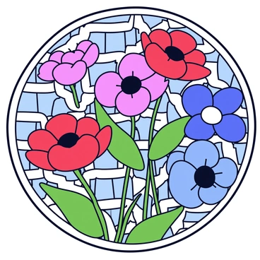 A colorful mosaic art piece with anemone flowers as the central theme. The anemone flowers are depicted in various vibrant colors such as red, purple, and blue. Each flower is surrounded by green leaves, with intricate tile patterns forming the background. The mosaic tiles are arranged in a way that creates depth and texture, highlighting the delicate petals of the flowers. The overall composition is cohesive, drawing the eye to the beautifully crafted flowers at the center.