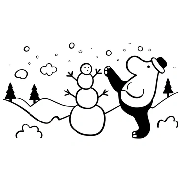 A hippopotamus standing on its hind legs, using its large front feet to stack three snowballs together to form a snowman. The snowman has sticks for arms and a carrot for a nose. Snowflakes are gently falling from the sky, landing on the snowy ground and the snowman. In the background, there are snow-covered trees and a gently rolling landscape, all blanketed in white snow.