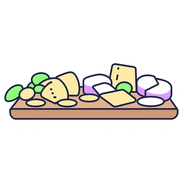 A wooden board is set as the base for a rustic cheese platter. On the board, there are several varieties of cheese, some in wedges and others in slices, arranged neatly. Surrounding the cheese, there are various crackers displayed in an organized manner, complementing the dairy selections. Fresh basil leaves are scattered across the board, adding a touch of green. The board itself shows a rich texture, enhancing the overall rustic aesthetic of the presentation.