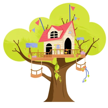 A whimsical treehouse perched high in the branches of a large green tree. The treehouse features intricate wooden architecture with multiple levels and balconies. Colorful flags flutter from the edges of the roof. Hanging bridges made of wooden planks and rope connect the treehouse to other nearby trees. Vines and flowers decorate the exterior, adding to its enchanting appearance. Sunlight filters through the leaves, casting playful shadows on the treehouse.