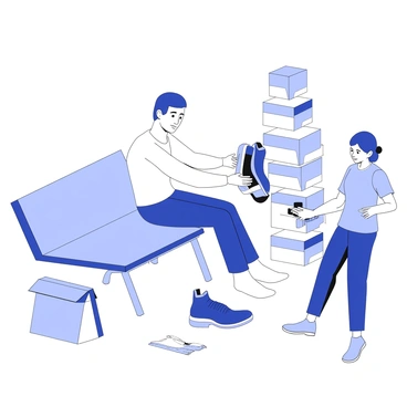 A person is seated on a cushioned bench inside a shoe store, examining various types of shoes. They are holding a pair of shoes with a wide toe box and extra cushioning in their hands. Around them, there are several shoe boxes stacked neatly, displaying different styles specifically designed for comfort and support. The floor has a soft carpet to provide a padded surface for trying on shoes. The person is wearing comfortable socks, and their expression shows concentration as they check the fit of another pair of shoes they have just put on. Nearby, a salesperson stands ready to assist, holding a measuring device for shoe size.