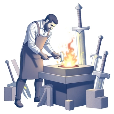 A blacksmith stands at a forge, surrounded by tools and materials. The forge is ablaze, casting intense light and shadows across the scene. The blacksmith, wearing a leather apron and protective gloves, is focused on a glowing piece of metal being shaped on an anvil. Sparks fly as he strikes the metal with a hammer, creating a sense of movement and energy. Various enchanted weapons are displayed nearby, showcasing intricate designs and glowing runes. The atmosphere is filled with the heat of the fire and the metallic scent of molten metal.