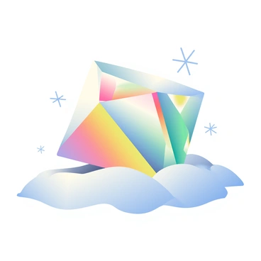 A large glass prism is resting on a smooth layer of snow. The prism has multiple facets that capture light, creating vibrant, colorful reflections in an array of hues on the white surface beneath it. The area surrounding the prism is undisturbed snow, glistening in the sunlight. Soft shadows cast by the prism create a contrast against the bright snow. Delicate snowflakes can be seen falling gently in the background, adding to the serene winter atmosphere.