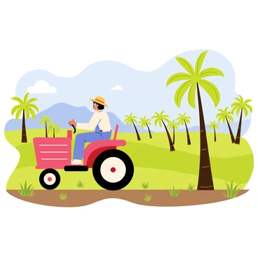 A farmer wearing a straw hat and blue overalls is driving a red tractor through a lush green field. The date palm trees, tall and vibrant, are evenly spaced throughout the farm, their fronds swaying gently in the breeze. The ground is rich and brown, dotted with patches of grass. In the background, a clear blue sky stretches overhead, with a few fluffy white clouds drifting by. The farmer is focused on the task at hand, showcasing a scene of agricultural life and dedication.