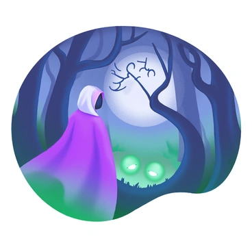 A figure standing at the entrance of a dark forest, wearing a hooded cloak that flows gently in the breeze. The figure gazes intently into the dense, shadowy foliage ahead, where towering trees with twisted branches loom ominously. Soft hints of moonlight break through the canopy, casting delicate patterns of light and shadow on the ground. In the background, faint outlines of glowing eyes can be seen lurking within the underbrush, adding to the sense of mystery. The atmosphere is thick with anticipation, as the figure embraces the unknown.