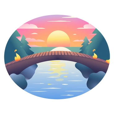 A wooden bridge over a river with a vibrant sunset in the background, flames licking the sides