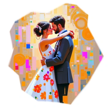 A couple is embracing passionately, their bodies intertwined in a dynamic and loving pose. They are surrounded by an array of colorful geometric patterns reminiscent of Klimt's style, which includes golden swirls, triangles, and intricate shapes that create a vibrant atmosphere. The woman's dress is adorned with bold, floral designs, while the man wears a suit that contrasts with the rich patterns around them. Their faces are close, showing a deep connection, and their hair flows into the surrounding patterns, blending seamlessly with the artistic backdrop.