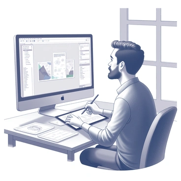 A man sitting at a desk, focused on a computer screen displaying graphic design software. He is using a digital drawing tablet with a stylus in his right hand. The workspace is cluttered with design sketches and notes spread across the desk. A large window allows light to spill into the room, illuminating the scene. The man's facial expression shows concentration as he adjusts the design on the screen. Various design elements and tools are visible on the computer interface.