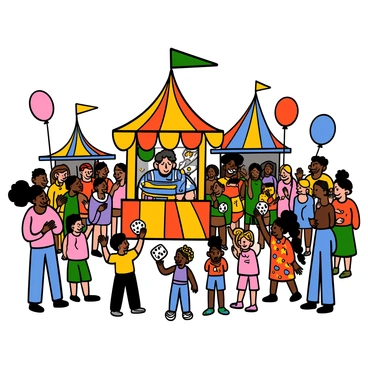 A lively carnival scene filled with people gathered around a colorful dice game booth. The booth is adorned with bright lights and festive decorations. Children and adults with various skin tones are excitedly watching the game. A man with light skin and curly hair, wearing a striped shirt, is rolling a large die, while a woman with dark skin and braided hair, dressed in a vibrant dress, cheers on the players. Balloons in various colors float above the crowd, and other carnival attractions can be seen in the background, adding to the festive atmosphere.