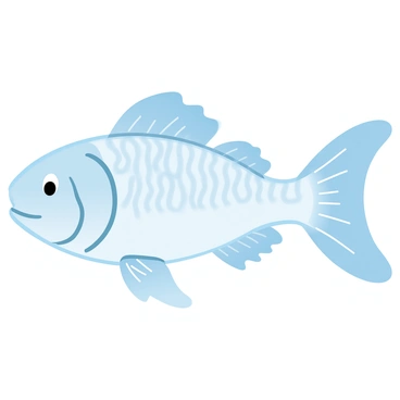 A fish with defined scales and fins is illustrated in simple line art. The body of the fish is elongated and streamlined, with distinct lines showcasing its scales. The fins are detailed, with clear separations between each fin and the body. The tail is fanned out, exhibiting a graceful curve. The composition is clean and uncluttered, emphasizing the elegance of the fish's shape and features.