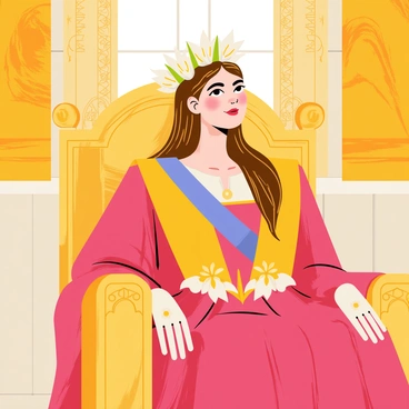 A historical queen seated on an ornate golden throne, with intricate carvings along the armrests and backrest. The queen has long flowing hair, styled elegantly, and she wears an elaborate gown with rich fabrics in deep royal colors. She is adorned with a "regal flower crown of lilies" upon her head, featuring delicate white petals and green leaves. The background features rich tapestries hanging on the walls, depicting scenes of her kingdom, while soft light filters in, highlighting her dignified presence.