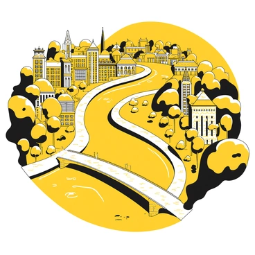 An aerial view of a city with buildings lining the banks of a winding river. The river shows various shades with its gentle curves creating a dynamic flow through the city. Historic bridges made of stone and brick span the river, connecting different parts of the city. The buildings are a mix of architectural styles, featuring tall structures alongside quaint, smaller homes. Trees and green spaces dot the landscape, providing contrast to the urban environment. Roads wind through the city, leading to bustling squares and parks.