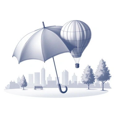 An umbrella is open and prominently displayed in the center of the image. The umbrella features intricate patterns and details, showcasing its unique structure. As the image progresses, the umbrella begins to morph and transform into a hot air balloon, with the top section of the umbrella tapering upward into the round shape of the balloon. The balloon’s fabric is detailed with distinct sections, capturing the moment it begins to lift off. In the background, a city park is visible, filled with trees and park benches. The skyline of tall buildings emerges beyond the park, adding depth to the scene. The entire composition conveys the sense of movement as the hot air balloon ascends from the park.