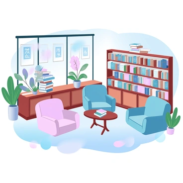 A quaint Korean bookstore is filled with traditional literature displayed on wooden shelves. The shelves are adorned with beautifully bound books in various colors, showcasing intricate cover designs. Cozy reading nooks are set up throughout the shop, featuring plush, inviting chairs and small wooden tables stacked with books. Soft lighting illuminates the space, creating a warm and inviting atmosphere. Decorative elements include potted plants placed in corners and traditional Korean artwork hanging on the walls, adding cultural richness to the environment. A large window lets in natural light, highlighting the peaceful ambiance inside the bookstore.