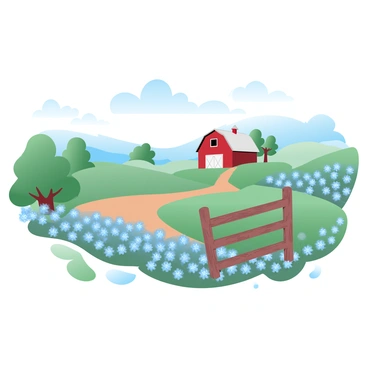 A rustic farm is situated in a landscape of rolling hills. These hills are covered in vibrant bluebonnet blooms, creating a sea of blue and green under the clear sky. In the foreground, there is a weathered wooden fence that outlines a small area of the farm. A traditional red barn stands proudly, with its paint slightly chipped, complementing the colorful flowers. Scattered trees are positioned across the hillsides, their trunks sturdy and leaves lush. A dirt path weaves through the bluebonnets, inviting exploration through the floral expanse.