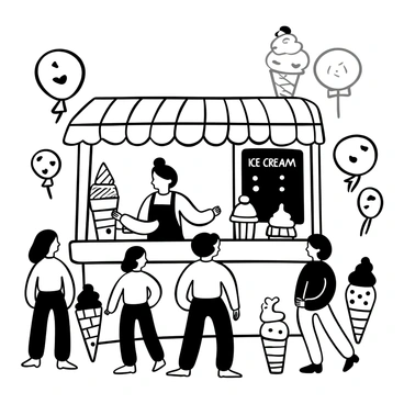A "grenouille" standing behind a vintage ice cream stand, eagerly serving "ice cream cones" to a line of eager customers. The stand is adorned with striped awnings and has a chalkboard menu displaying various flavors. There are several "ice cream cones" stacked on the counter, each with swirls and scoops creatively arranged. Surrounding the stand are playful decorations, such as colorful balloons and streamers, enhancing the lively atmosphere.