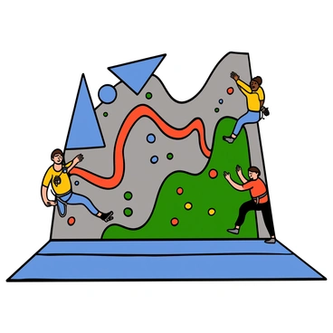 A climbing wall design featuring a variety of unique shapes and routes. The wall is composed of several visually striking geometric forms, including triangular, circular, and wave-like structures, all in bright colors such as blue, red, and green. Various climbing holds in different sizes and shapes are scattered across the wall, providing multiple routes for climbers. The floor beneath the wall is cushioned with padded mats for safety. There are climbers of different skill levels engaged in the activity, showcasing their techniques as they navigate the creative routes. The environment is well-lit, highlighting the intricate details of the climbing wall.