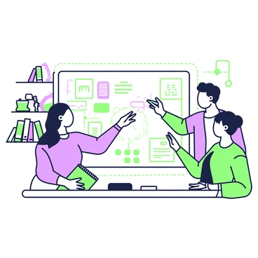 A group of designers is gathered around a large whiteboard covered in illustrations. The designers are actively engaged, with one woman using a green marker to outline a concept. A man beside her is pointing at a section of the board, discussing ideas with animated gestures. Another woman is seated, making notes in a green notebook while glancing at the board. The whiteboard features various sketches of product designs, diagrams, and flowcharts. In the background, there are shelves filled with design books and tools, adding to the creative environment.
